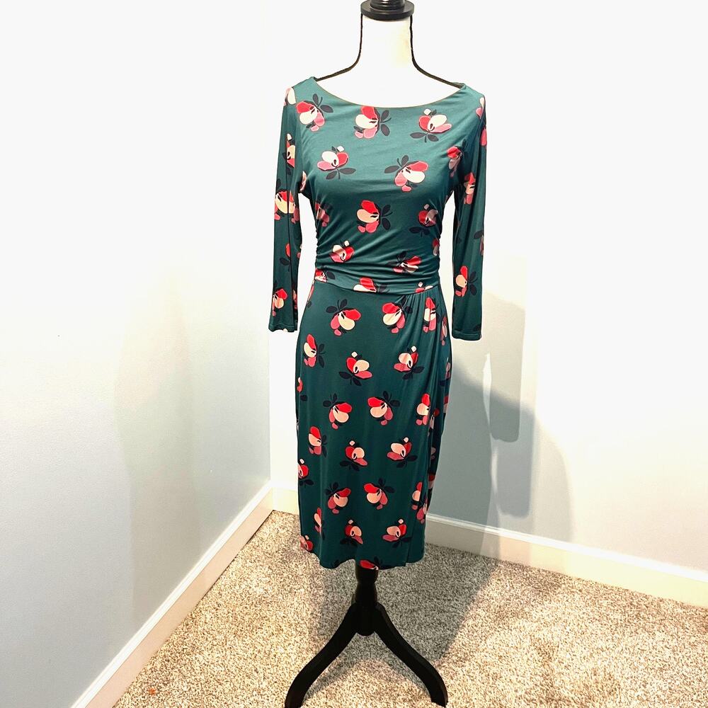 Boden Hunter Green Floral Jersey Dress Womens 6R Ruched Waist Midi